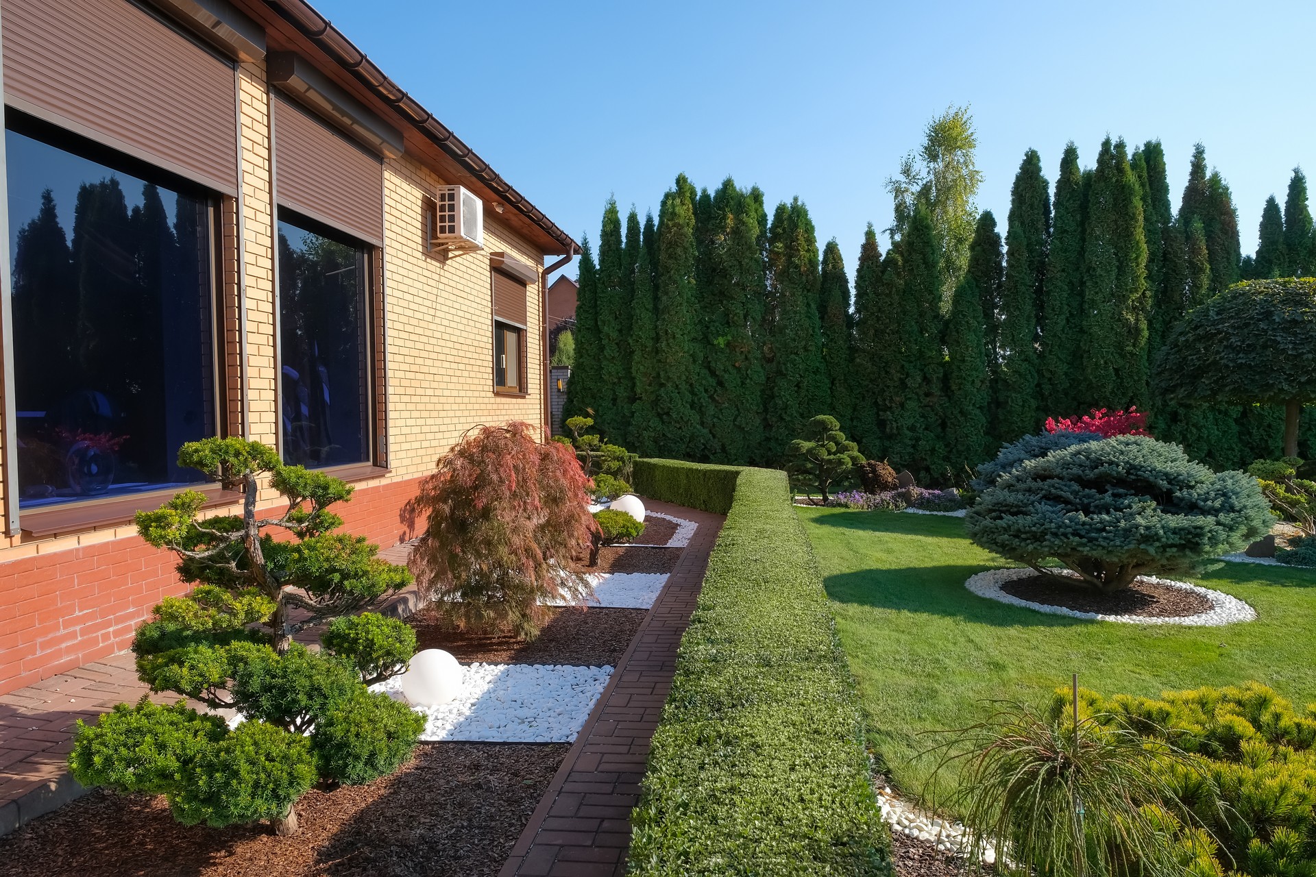 Backyard garden with nicely trimmed bonsai, bushes and bushes in side of villa